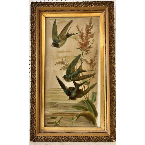 90 - English School, Late 19th Century - Three Swallows, oil on milk glass (1894), dated with initials pa... 