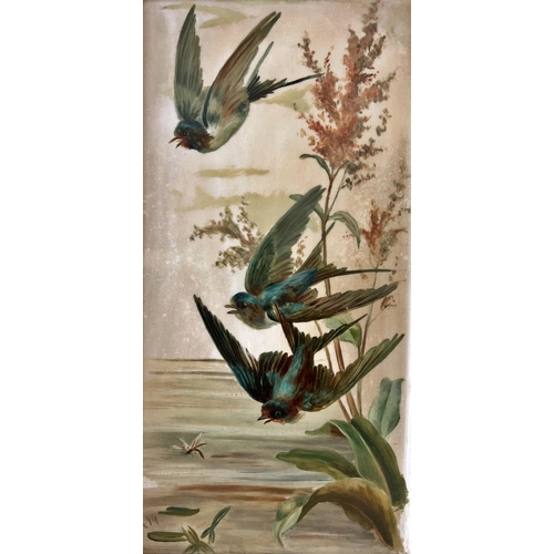 90 - English School, Late 19th Century - Three Swallows, oil on milk glass (1894), dated with initials pa... 