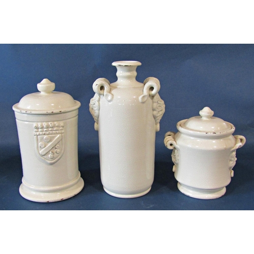 1008 - Six creamware crackle glazed jars/vases in various designs, decorated in relief with armorial crests... 