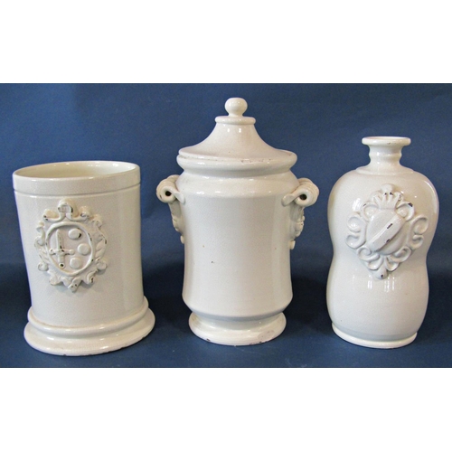 1008 - Six creamware crackle glazed jars/vases in various designs, decorated in relief with armorial crests... 