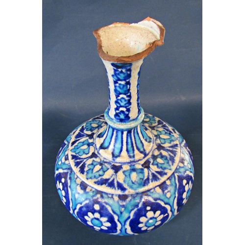 1031 - A North African vase with long drawn neck (af broken top) with all over turquoise and deep blue repe... 