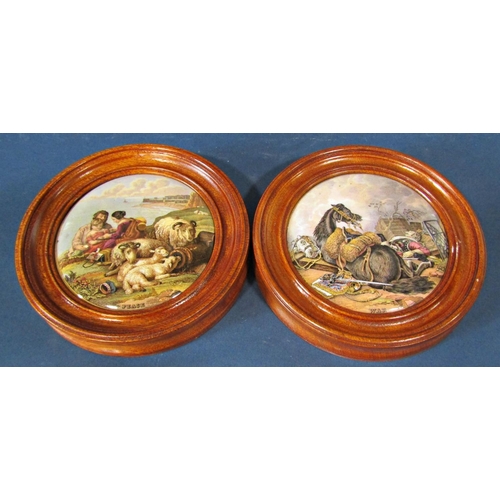 1035 - A collection of Pratt ware ceramic pot lids, each depicting a different scene, some with wooden moun... 