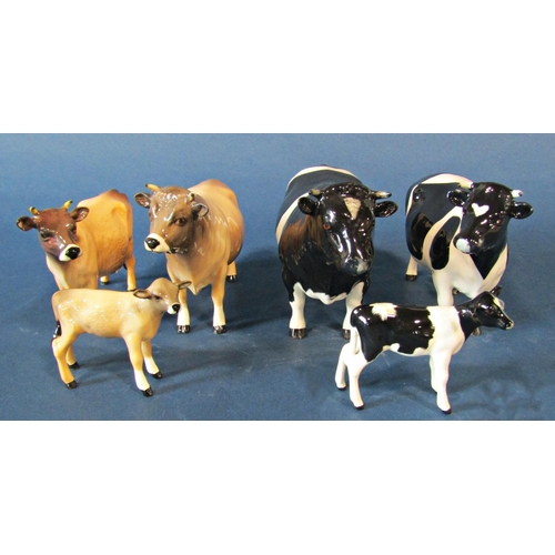 1057 - Two family groups of Beswick cattle comprising Jersey male, female and calf and Friesian male, femal... 