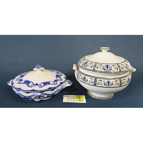 1086 - A Large willow pattern meat plate, two lidded tureens and a mixed collection of English and Continen... 