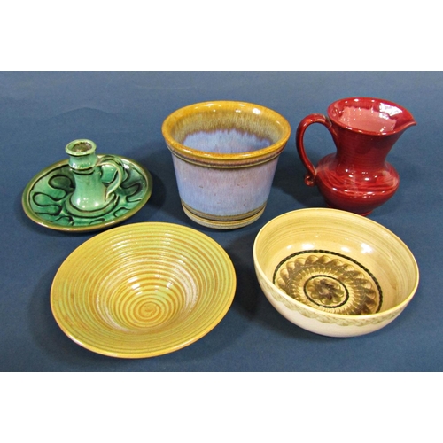 1092 - A collection of Studio ware and other pieces including a Victorian marbled effect jug, chamber stick... 