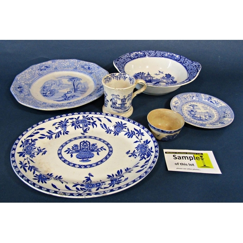 1096 - A quantity of 19th century and later blue and white transfer printed ware, two 19th century meat pla... 