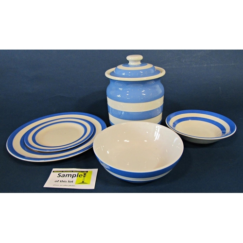 1101 - A collection of T G Green blue and white banded kitchenware comprising bread crock and cover, furthe... 