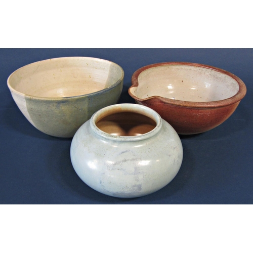 1108 - A collection of studio ware including bread crocks, open bowl, vases, etc