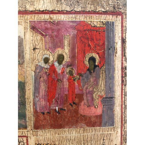 110 - 19th Century Russian Icon of St. Nicholas, tempera on canvas over curved wooden panel, central icon ... 