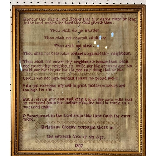 109 - Pair of needlework tapestry samplers (1802), bearing the ten commandments, by Mary Crosby, aged 6, a... 