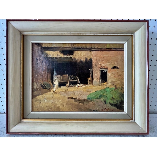 105 - Collection of ten prints and paintings to include: Beligny (20th century) - Farm Yard, oil in canvas... 