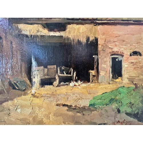 105 - Collection of ten prints and paintings to include: Beligny (20th century) - Farm Yard, oil in canvas... 