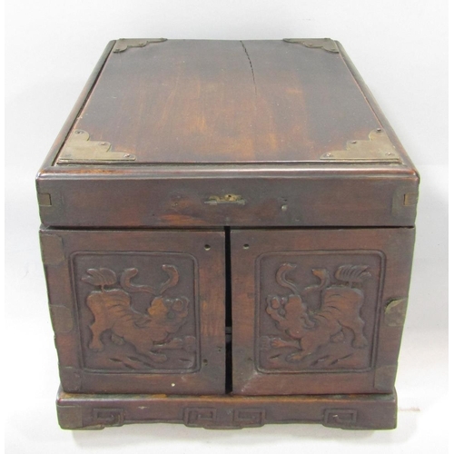 1470 - A 19th century Chinese hardwood travelling box with two swing out front compartments below a hinged ... 