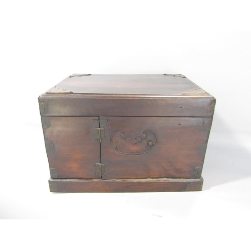 1470 - A 19th century Chinese hardwood travelling box with two swing out front compartments below a hinged ... 