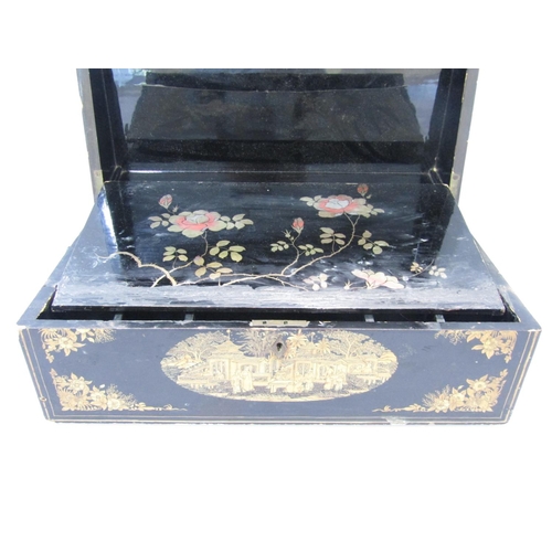 1474 - An early 19th century Chinoiserie decorated black lacquered writing slope, 43cm wide.