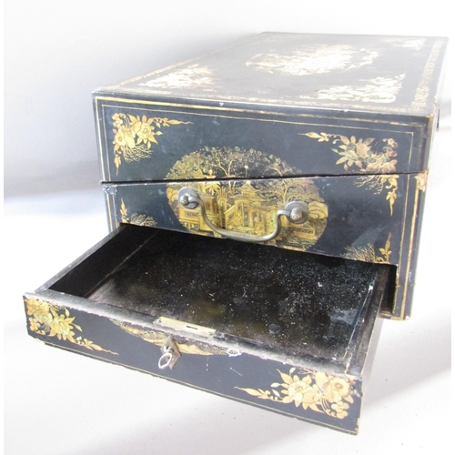 1474 - An early 19th century Chinoiserie decorated black lacquered writing slope, 43cm wide.