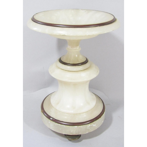 1476 - A pair of white marble shallow urns on a waisted and fluted base with brass string and feet, 22cm hi... 