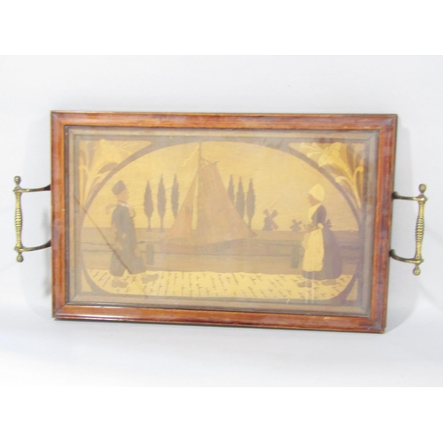 1478 - A Dutch marquetry canal scene of a barge in full sail with figures in the foreground and windmills, ... 