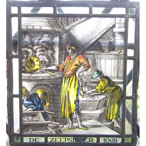 1486 - A leaded stained glass panel “De Zeepsieder 1698” (The Soap Maker) 28cm x 24cm.