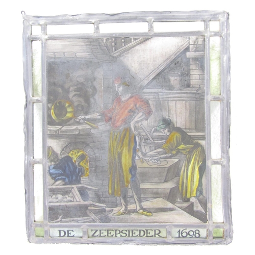 1486 - A leaded stained glass panel “De Zeepsieder 1698” (The Soap Maker) 28cm x 24cm.