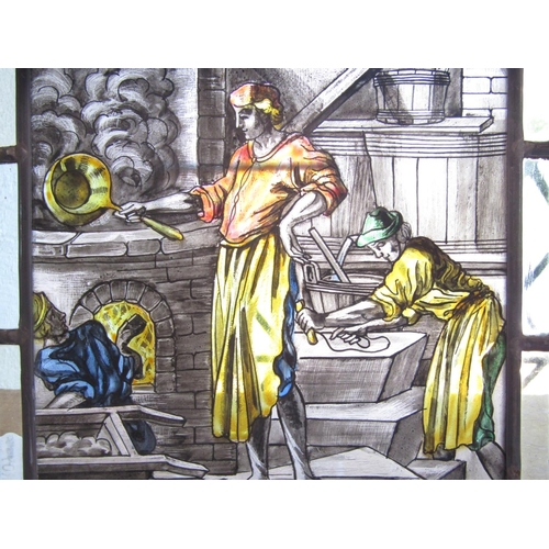 1486 - A leaded stained glass panel “De Zeepsieder 1698” (The Soap Maker) 28cm x 24cm.