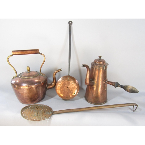 1495 - A 19th century copper kettle, a copper coffee pot with a side handle, a copper chestnut roaster and ... 