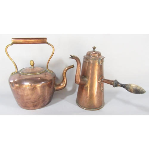 1495 - A 19th century copper kettle, a copper coffee pot with a side handle, a copper chestnut roaster and ... 