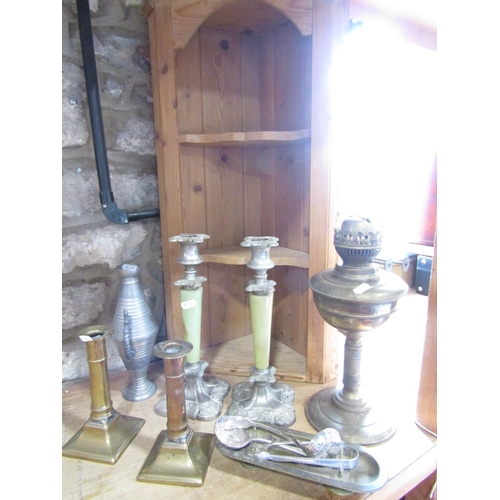 1503 - A miscellaneous collection of items including a small pine corner shelf unit, a pair of onyx candles... 