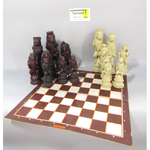 1504 - A Von Kaulbach, Reynard The Fox chess set with animals posing for King and Queen etc in red and whit... 