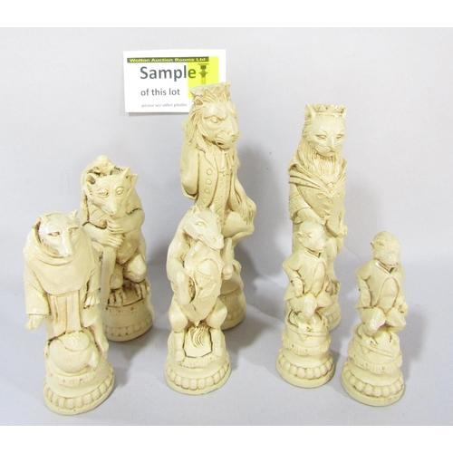 1504 - A Von Kaulbach, Reynard The Fox chess set with animals posing for King and Queen etc in red and whit... 