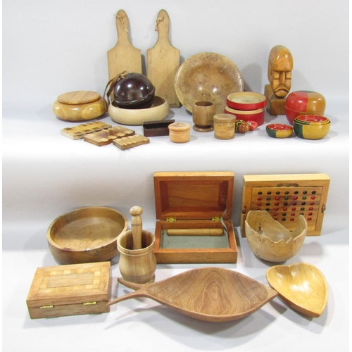 1507 - Treen: a box of mixed items including butter pads, a tri-coloured box of five concentric bowls, a ha... 