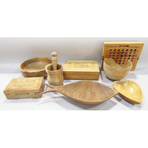 1507 - Treen: a box of mixed items including butter pads, a tri-coloured box of five concentric bowls, a ha... 