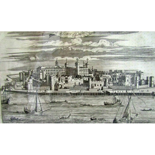 112 - Six framed prints to include: Johannes Kip - Two engravings of London - 'The Tower of London' and 'L... 