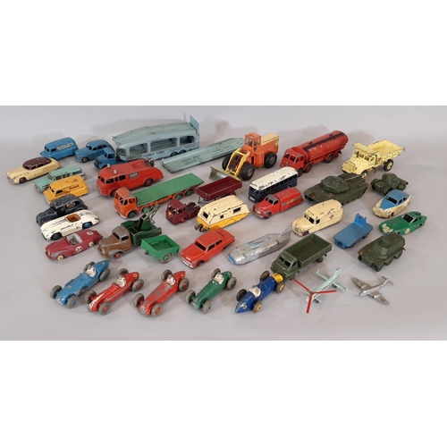 270 - Collection of play worn Dinky model vehicles including racing cars, military tanks, cars, tankers, Y... 