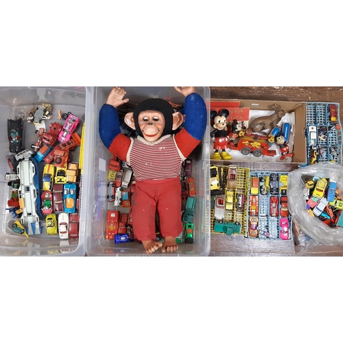 254 - Mixed lot of toys including a quantity of model vehicles (mainly Matchbox), vintage a soft toy monke... 