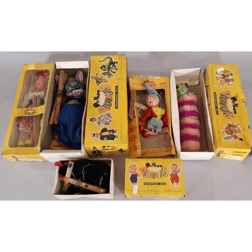 242 - 5 Pelham Puppets comprising Wolf, Caterpillar (AF), Poodle, Mitzi and Noddy (boxes AF)