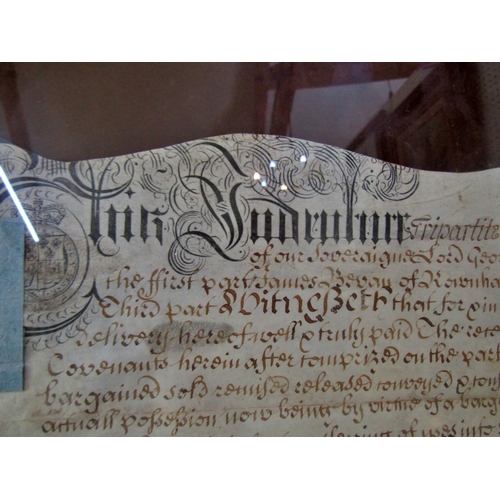 131 - Two Framed Indentures dated 1665 and 1721, on vellum, framed and glazed, largest: 77.5 x 62.5 cm (2)