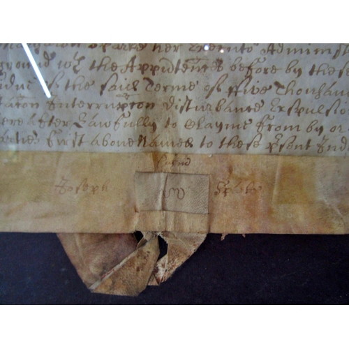 131 - Two Framed Indentures dated 1665 and 1721, on vellum, framed and glazed, largest: 77.5 x 62.5 cm (2)