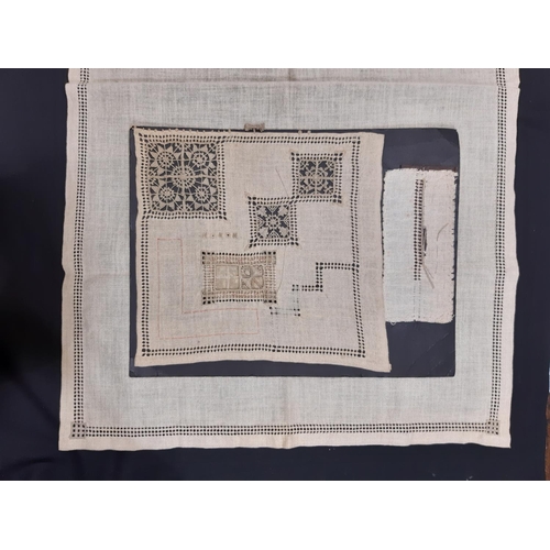 1565 - Ruskin/ Greek lace exhibition pieces; a sampler of Ruskin lace demonstrating the different stages of... 