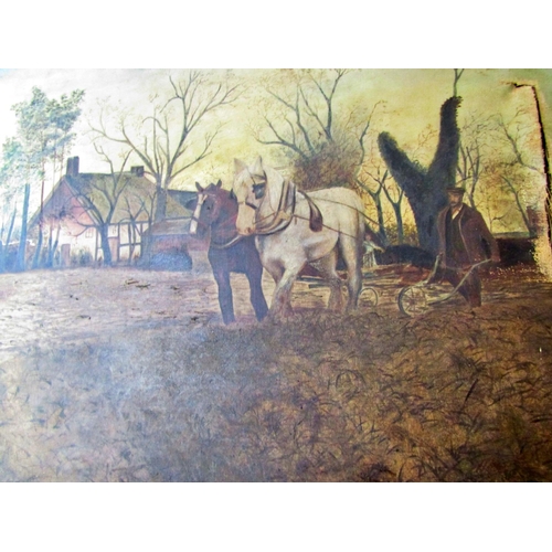 143 - Farm Yard with Horses and Farmer Ploughing Field (late 19th/early 20th century) - oil on canvas, sig... 