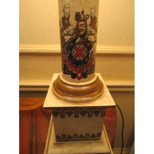 1523 - A pair of reproduction Georgian style column lamp in armorial detail on square cut base