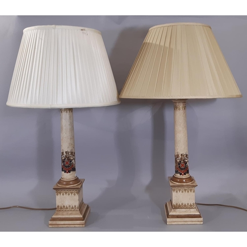 1523 - A pair of reproduction Georgian style column lamp in armorial detail on square cut base