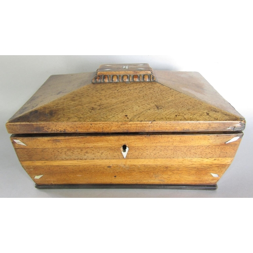 1461 - A Georgian mahogany sarcophagus shaped tea caddy, with a substitute mixing bowl, in need of restorat... 