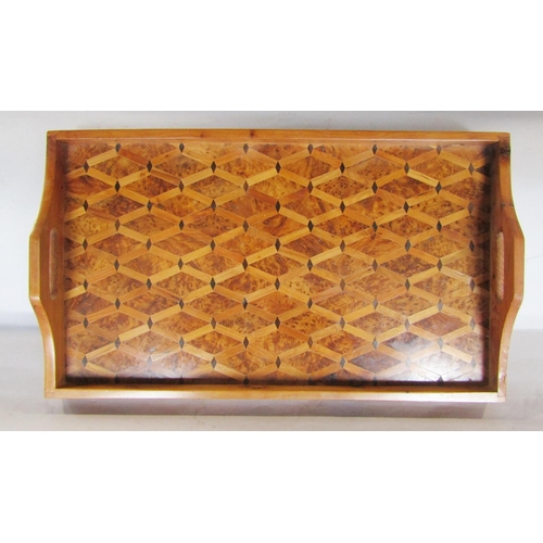 1479 - A yew wood parquetry inlaid tray with a regular geometric diamond lattice design, handle glued.39cm ... 