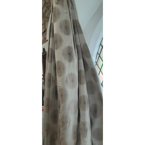 1532 - One pair good quality extra wide full length curtains in pale beige silk like fabric with woven star... 