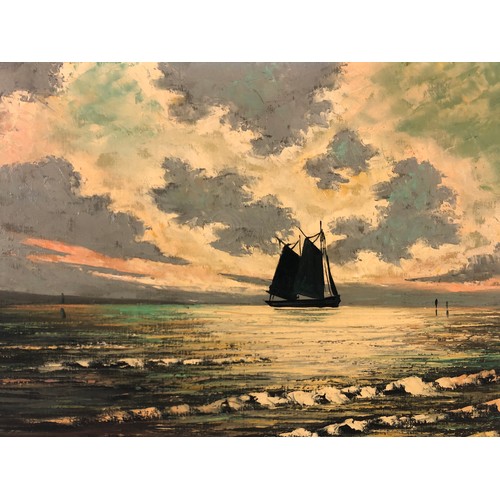 133A - Coastal Scene at Sunset with Boat in Distance (20th Century), oil on canvas, indistinctly signed Dav... 