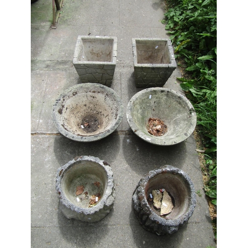 2010 - Three pairs of weathered cast composition stone garden planters of varying size and design (af)