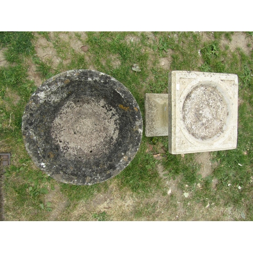 2015 - A small weathered cast composition stone two sectional sun dial with square dished top 44 cm high to... 