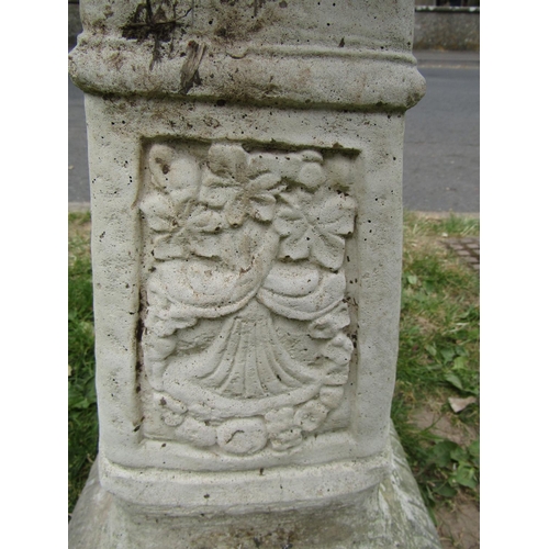 2015 - A small weathered cast composition stone two sectional sun dial with square dished top 44 cm high to... 