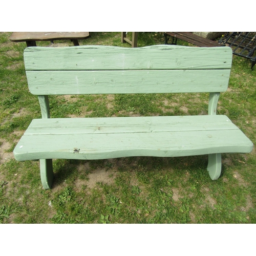 2058 - A light green painted rustic wooden bench raised on x framed supports, 140 cm wide